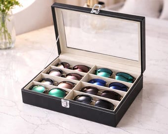 Leather Sunglasses Organizer Box, Eyeglasses Display Case, 8 Slot Holder (Luxury)
