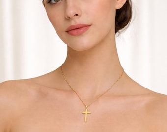 14K Gold Plated Minimalist Cross Necklace, Dainty Religious Pendant, Everyday Layering Jewelry