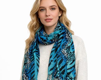 Aqua Blue Geometric Scarf, Boho Turquoise Lightweight Fashion Wrap