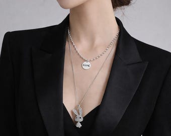 Layered Titanium Steel Bunny Necklace with Love Charm, Minimalist Jewelry