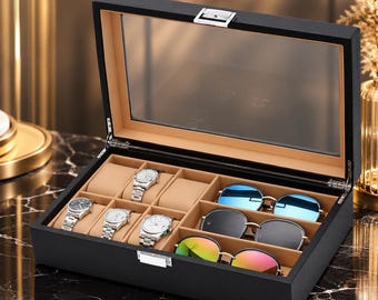 PU Leather Watch Sunglasses Organizer Box, Glass Lid Display Case, Jewelry Storage