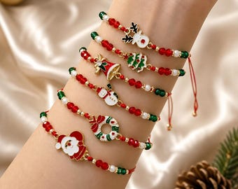 6-Piece Christmas Charm Bracelet Set, Red String Santa Snowman Wreath Jewelry