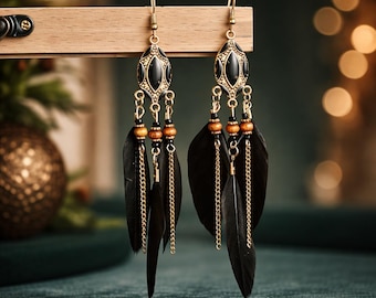 Boho Feather Tassel Earrings, Vintage Turquoise Red Dangle, Ethnic Festival Jewelry