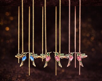 3 Pairs Crystal Hummingbird Threader Earrings Set, Gold Rose Gold Dangle
