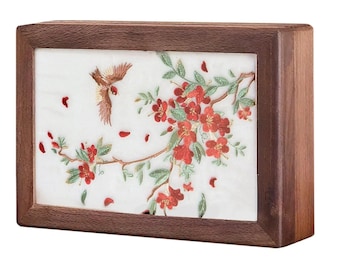 Solid Wood Jewelry Box Organizer, Embroidered Bird Floral Design, Ring Necklace Holder