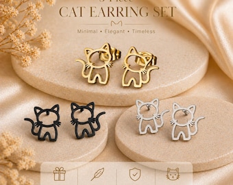 3-Piece Minimalist Hollow Cat Stud Earrings Set – Stainless Steel Kitty Jewelry