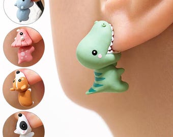 6-Piece Animal Bite Earrings Set, Kawaii Dinosaur Dog Whale Studs, Resin Jewelry