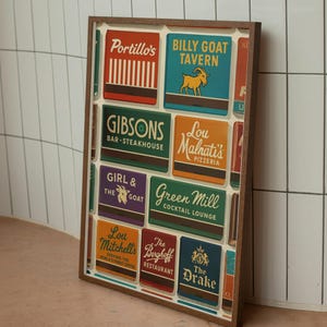 Chicago matchbook art print - iconic Chicago, Illinois establishments, portrait digital image to download
