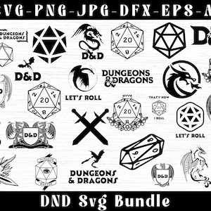 Puede incluir: Una colección de gráficos en blanco y negro con temática de Dungeons & Dragons. Incluye dados, dragones, espadas y elementos de texto como "D&D", "Dungeons & Dragons" y "Let's Roll". La imagen está etiquetada como "DND Svg Bundle".