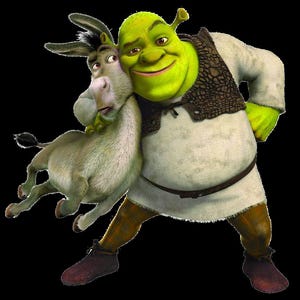 May include: A digital illustration of Shrek, a green ogre, embracing Donkey, a gray donkey. Shrek wears a white tunic, brown vest, and plaid pants. Donkey appears surprised. The background is black.