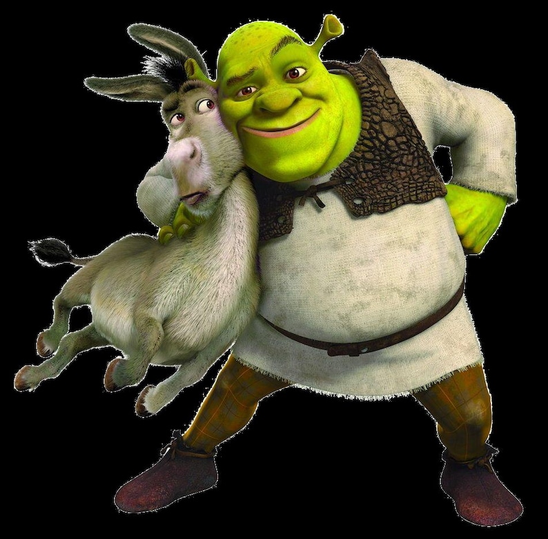 May include: A digital illustration of Shrek, a green ogre, embracing Donkey, a gray donkey. Shrek wears a white tunic, brown vest, and plaid pants. Donkey appears surprised. The background is black.