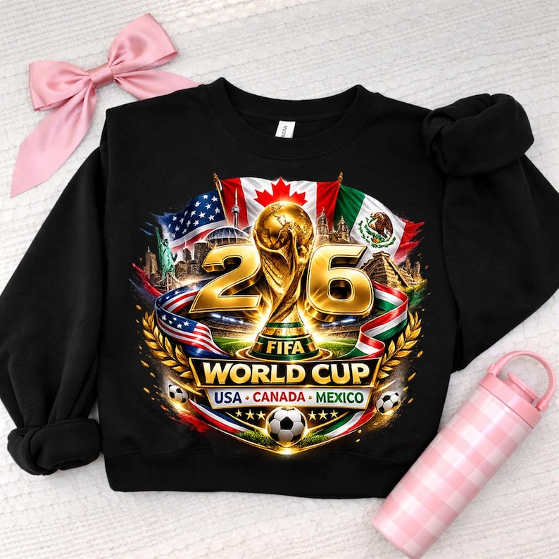 K&ouml;nnte beinhalten: Schwarzes Sweatshirt mit einer goldenen FIFA-Weltmeisterschaftstroph&auml;e und der Zahl 26. Das Design zeigt die Flaggen der USA, Kanadas und Mexikos, zusammen mit dem Text "USA - Canada - Mexico" und Fu&szlig;b&auml;llen.