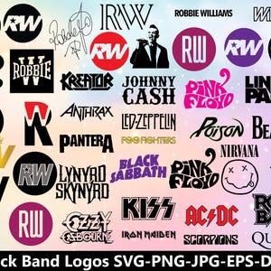 May include: A collage of rock band logos, such as Nirvana, Queen, and Iron Maiden, in diverse fonts and colours. The image also features the text "Rock Band Logos SVG-PNG-JPG-EPS-DXF".