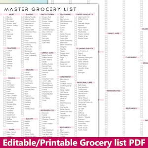 May include: A printable grocery list headed "MASTER GROCERY LIST", featuring sections for fruit, meat, vegetables, and other items. The list is on white paper with a pink header and footer. The text "Editable/Printable Grocery list PDF" is at the bottom.