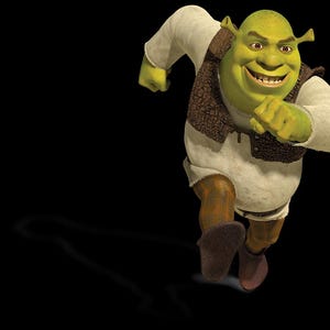 May include: A green ogre character with large ears, wearing a white shirt, brown vest, and brown boots, is running with a determined expression. The image is set against a black background.