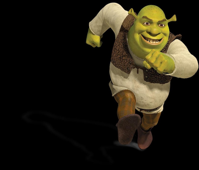 May include: A green ogre character with large ears, wearing a white shirt, brown vest, and brown boots, is running with a determined expression. The image is set against a black background.