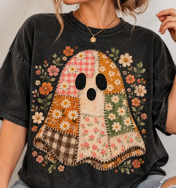 Patchwork Floral Ghost Png,Checkered Floral Boho Fall Shirt Design,Retro Ghost Png,Preppy Distressed Halloween Sublimation,Trendy Viral Png