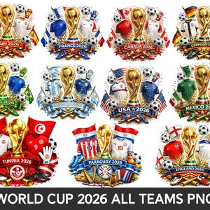 Paquete de imágenes PNG de países del Mundial 2026, imágenes prediseñadas de selecciones nacionales de fútbol, gráficos de fútbol de EE. UU., Canadá y México, diseños de sublimación para aficionados al fútbol mundial.