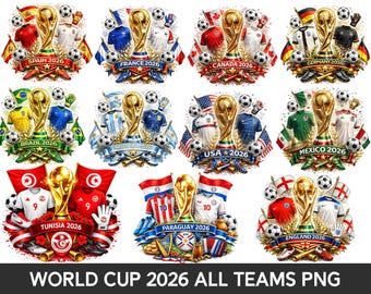 May include: A digital graphic featuring the World Cup 2026 logo with various national team jerseys, flags, and soccer balls. Each design includes the country's name and the year 2026. The image is set against a white background.