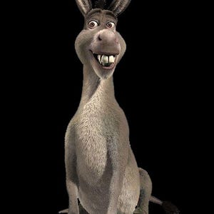 May include: A smiling, animated donkey character with gray fur, large ears, and a prominent set of teeth. The donkey is sitting with its legs tucked beneath it against a black background. The image is a digital illustration.