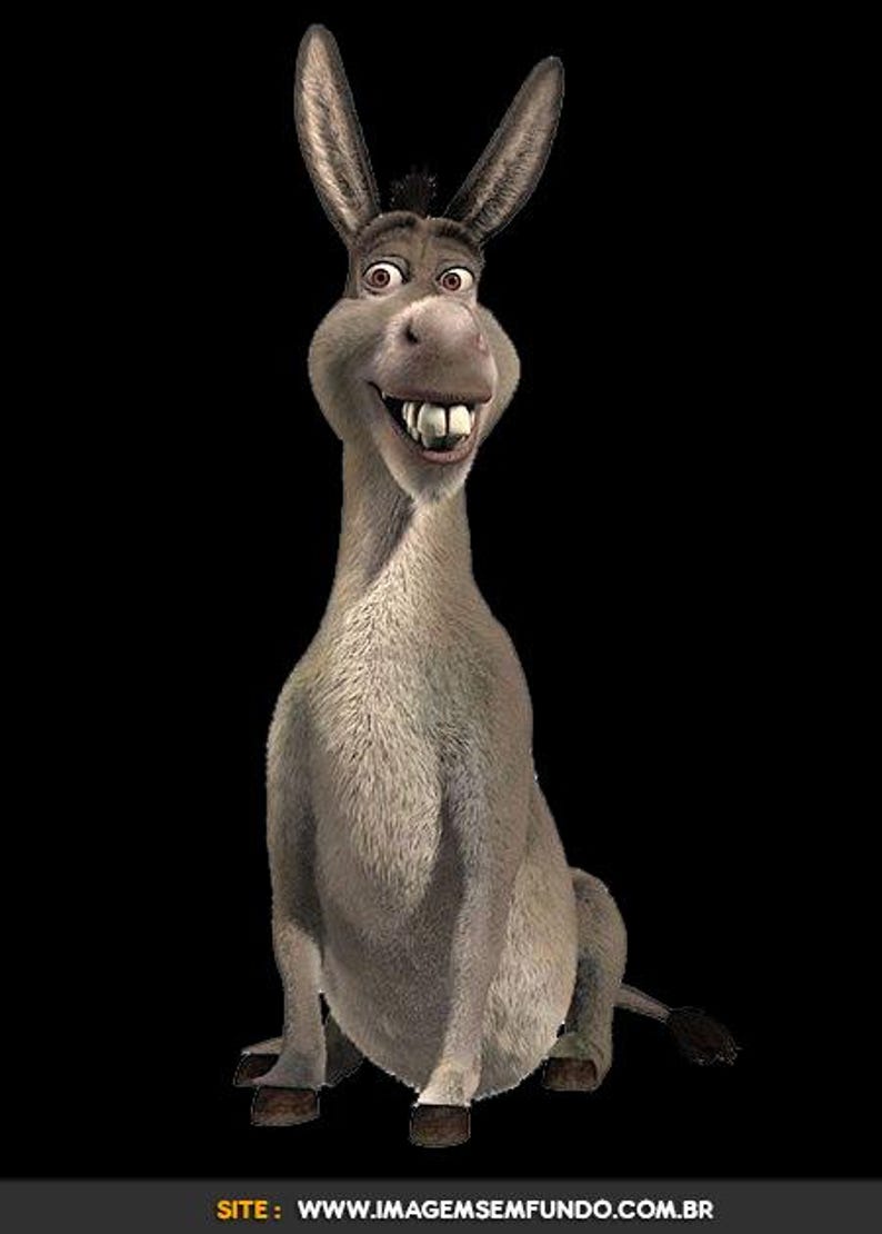 May include: A smiling, animated donkey character with gray fur, large ears, and a prominent set of teeth. The donkey is sitting with its legs tucked beneath it against a black background. The image is a digital illustration.