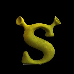 May include: A 3D rendering of the letter "S" in a textured, yellow-green color, set against a black background. The letter has a unique, stylized design with horn-like extensions at the top.