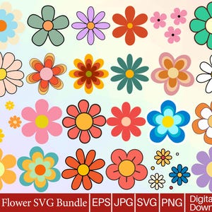 May include: A collection of colorful retro flower designs in various shapes and sizes. The flowers feature a range of colors, including pink, orange, blue, and green, with black outlines. The text "Retro Flower SVG Bundle" is at the bottom.