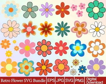 Retro Blumen SVG Bundle: 70er Jahre Blumen Clipart, Daisy Cut Files