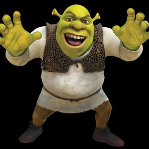 May include: A digital illustration of Shrek, the green ogre character, with his arms outstretched. He wears a white tunic, brown vest, and tan pants. His mouth is open in a wide grin, and his yellow hands are spread wide.