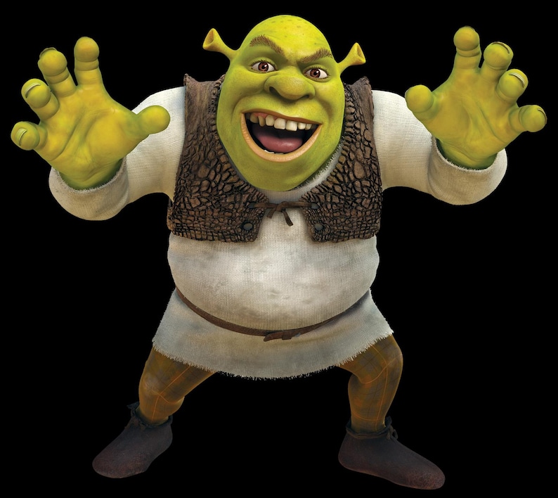 May include: A digital illustration of Shrek, the green ogre character, with his arms outstretched. He wears a white tunic, brown vest, and tan pants. His mouth is open in a wide grin, and his yellow hands are spread wide.
