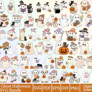 Könnte beinhalten: Eine Sammlung niedlicher Cartoon-Geister-Illustrationen, jede mit einzigartigen Accessoires und Requisiten, darunter Hüte, Bücher, Kürbisse und schwarze Katzen. Das Bild hat den Text "Cute Ghost Halloween SVG Bundle".