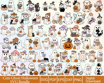 Lindo paquete SVG de fantasmas de Halloween / Diseños espeluznantes kawaii / Archivos de corte de truco o trato para Cricut y Silhouette / PNG DXF Eps