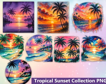 May include: A collection of watercolor paintings featuring tropical sunset scenes. Each piece showcases palm trees silhouetted against vibrant skies of orange, pink, and purple. The text "Tropical Sunset Collection PNG" is at the bottom.