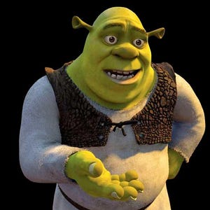 May include: A digital illustration of Shrek, a green ogre character. He wears a white long-sleeved shirt, a brown vest, and has a welcoming expression. His hand is extended, palm up, as if offering something.