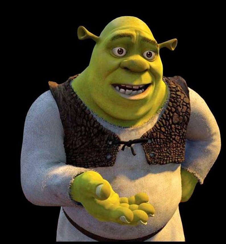 May include: A digital illustration of Shrek, a green ogre character. He wears a white long-sleeved shirt, a brown vest, and has a welcoming expression. His hand is extended, palm up, as if offering something.
