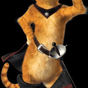May include: A cartoon image of a ginger cat dressed as a musketeer. The cat wears a black hat with a yellow feather, a black cape, and black boots. A sword hangs at its side, and it strikes a confident pose.
