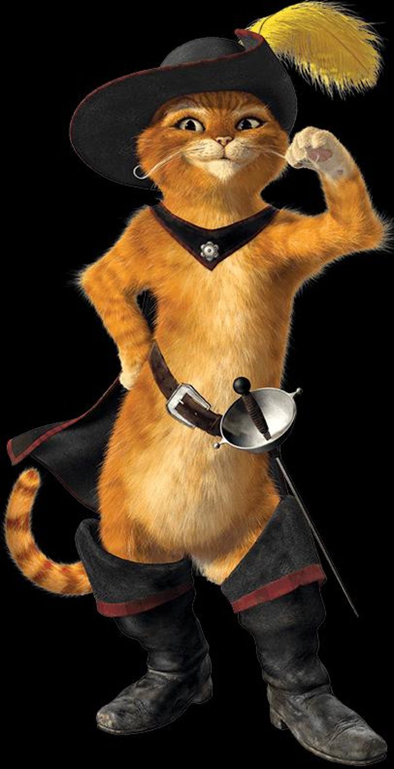 May include: A cartoon image of a ginger cat dressed as a musketeer. The cat wears a black hat with a yellow feather, a black cape, and black boots. A sword hangs at its side, and it strikes a confident pose.