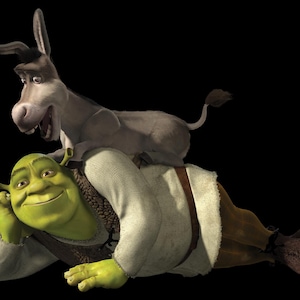 May include: A digital illustration of Shrek, a green ogre, lying down with a gray donkey riding on his back. Shrek is smiling and has his hand on his head. The donkey has its mouth open.