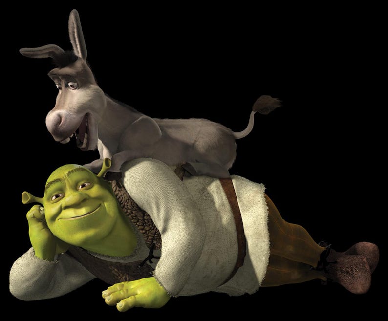May include: A digital illustration of Shrek, a green ogre, lying down with a gray donkey riding on his back. Shrek is smiling and has his hand on his head. The donkey has its mouth open.