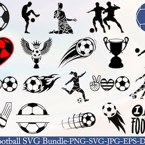 May include: A collection of black and white soccer-themed graphics. Includes soccer balls, players in action, a trophy, a heart-shaped design, and the text "I love FOOTBALL". The image is a Football SVG Bundle.