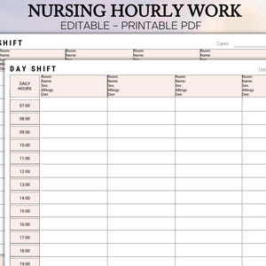 May include: Printable PDF nursing hourly work schedule. The document is divided into day and night shifts, with columns for daily hours, room, name, sex, allergy, and diet. The title "NURSING HOURLY WORK" is at the top, with "EDITABLE - PRINTABLE PDF" below.