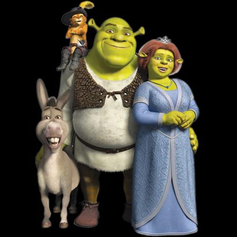 May include: A group of animated characters from the movie Shrek, including Shrek, Fiona, Donkey, and Puss in Boots. Shrek is green, wearing a white tunic and brown vest. Fiona wears a blue dress. Donkey is gray, and Puss in Boots is orange.