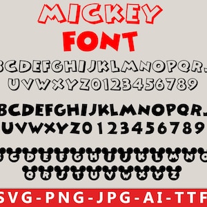 May include: A digital font display featuring the text MICKEY FONT in red. Below are three sets of characters: an outlined alphabet with numbers, a solid black alphabet with numbers, and an alphabet where each letter is inside a black mouse ear icon.