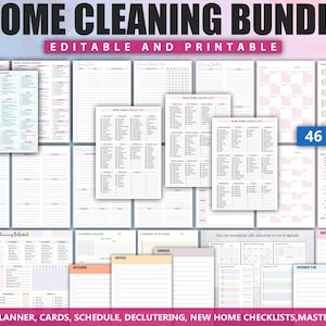 May include: A bundle of printable home cleaning checklists and planners. The image features various pages with lists, schedules, and checklists. The text includes "Home Cleaning Bundle," "Editable and Printable," and "46 Pages."