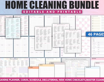 Könnte beinhalten: Ein Paket druckbarer Checklisten und Planer für die Hausreinigung. Das Bild zeigt verschiedene Seiten mit Listen, Zeitplänen und Checklisten. Der Text enthält "Home Cleaning Bundle", "Editable and Printable" und "46 Pages."