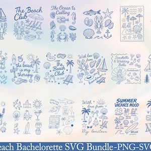 May include: A collection of blue line art illustrations with beach-themed designs. The designs include seashells, sailboats, palm trees, and phrases like "The Beach Club" and "Summer Vacation Mood". The text "Beach Bachelorette SVG Bundle" is at the bottom.