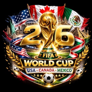 K&ouml;nnte beinhalten: Ein lebendiges Grafikdesign f&uuml;r die FIFA Fussball-Weltmeisterschaft 26, mit einer goldenen Troph&auml;e, der Zahl 26 und den Flaggen der USA, Kanadas und Mexikos. Fussb&auml;lle und ein Banner mit den Gastl&auml;ndern sind ebenfalls enthalten.