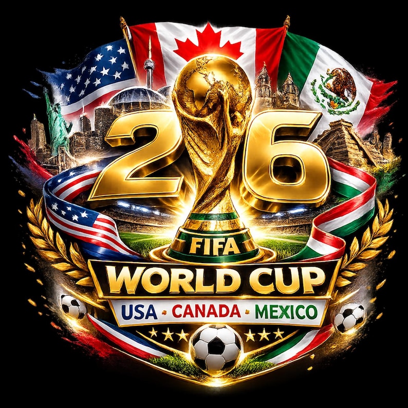 K&ouml;nnte beinhalten: Ein lebendiges Grafikdesign f&uuml;r die FIFA Fussball-Weltmeisterschaft 26, mit einer goldenen Troph&auml;e, der Zahl 26 und den Flaggen der USA, Kanadas und Mexikos. Fussb&auml;lle und ein Banner mit den Gastl&auml;ndern sind ebenfalls enthalten.