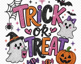 May include: A graphic design featuring the text TRICK OR TREAT in glittery pink, orange, purple, and black letters. The image includes a spider, a spiderweb, two ghosts, a jack-o'-lantern, bats, and candies, all decorated with sparkling accents.