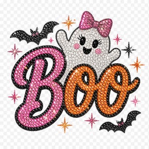 May include: A graphic design featuring the word BOO in large, pink and orange rhinestone-style lettering. A white ghost with a pink bow sits above the text, accompanied by two black bats and several small, multi-colored star-shaped sparkles.